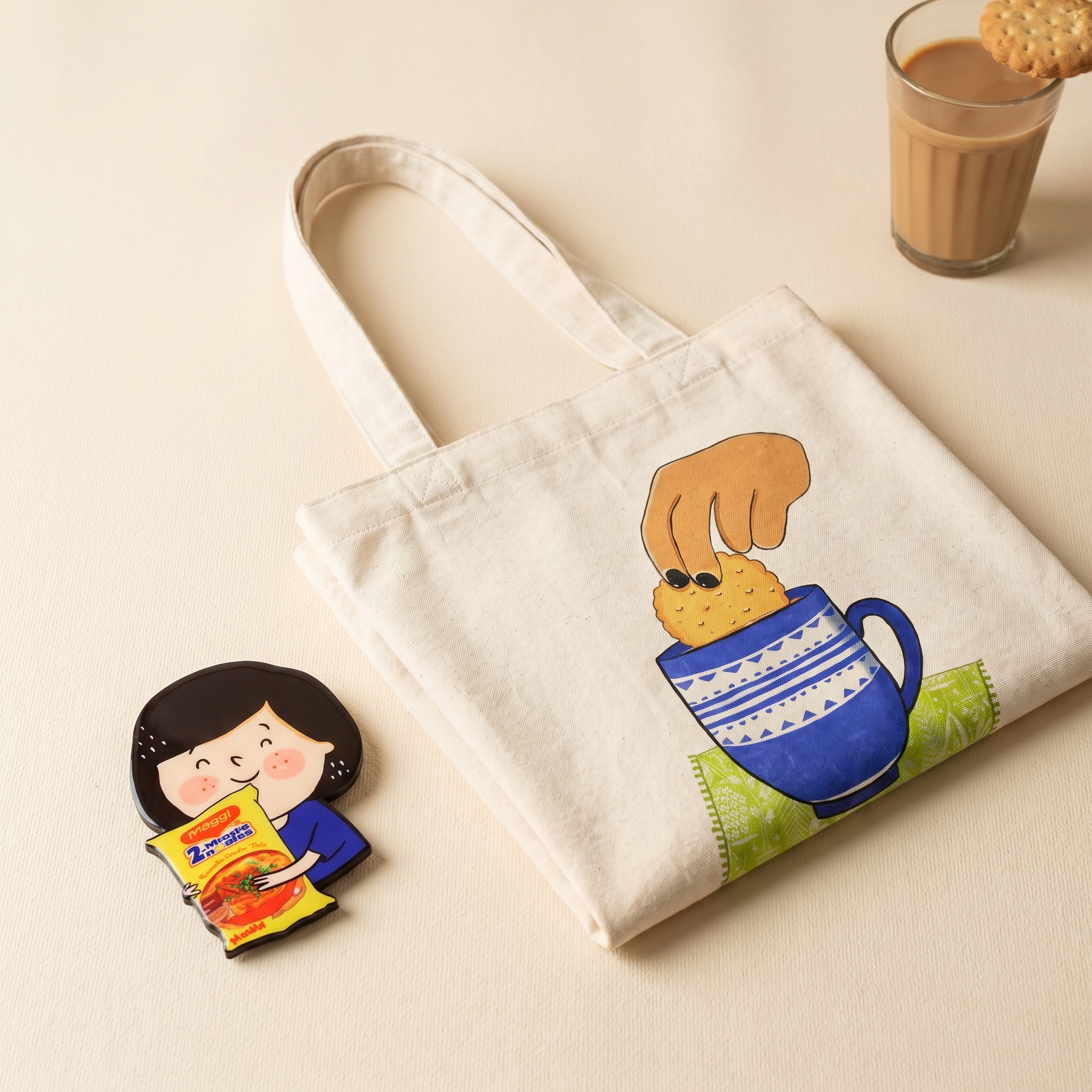 Calenvie Chai and Maggi Nostalgia Set: Maggi magnet + Chai Biscuit tote bundle