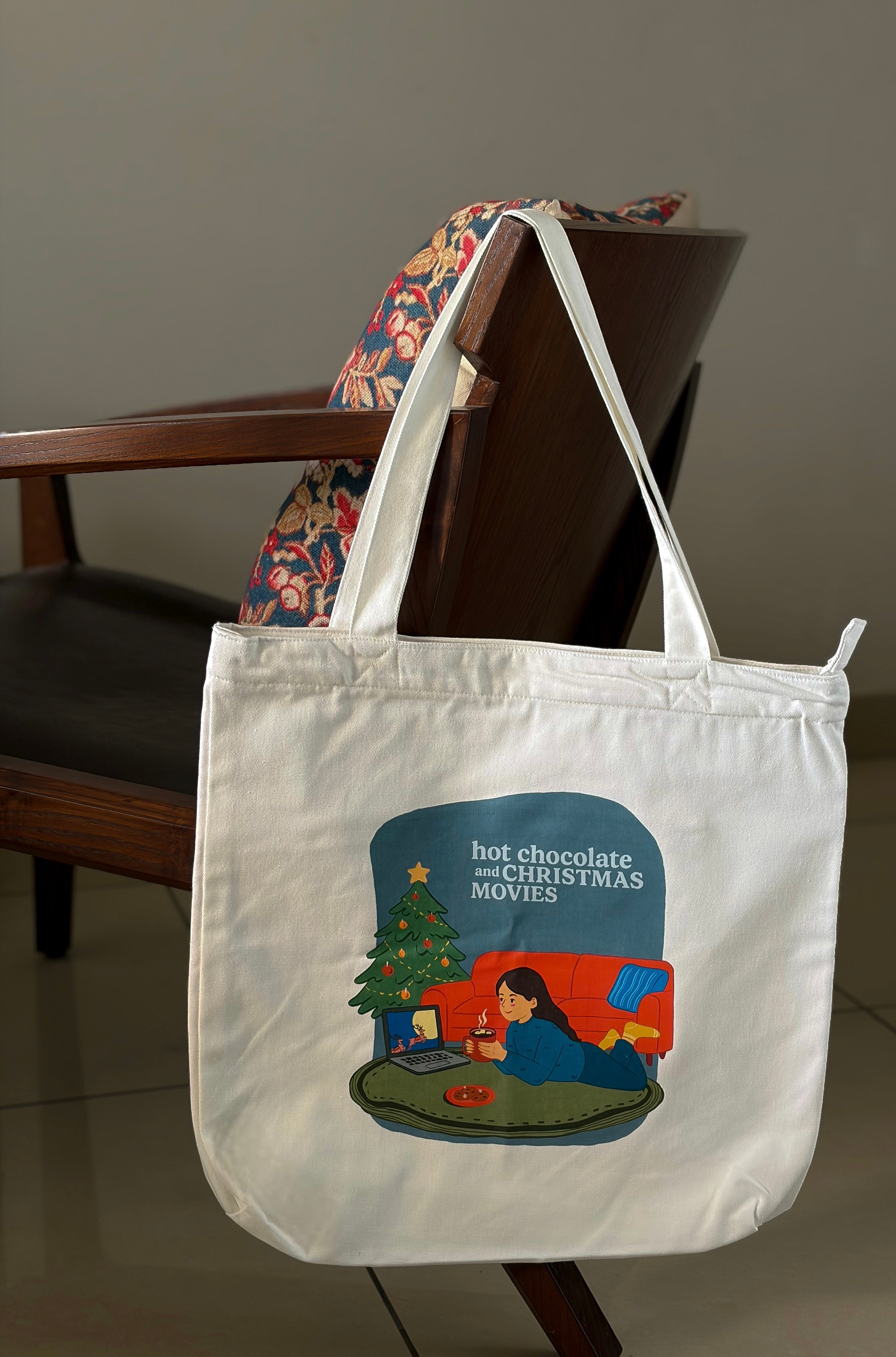 Hot Chocolate and Christmas Movies – Cozy Movie Night Large Tote Bag