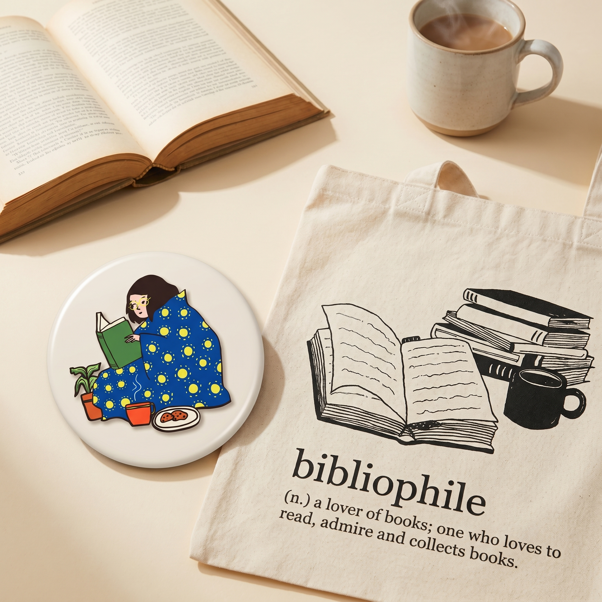 Calenvie Bookworm Set: Cozy Reader magnet + Bibliophile tote bundle